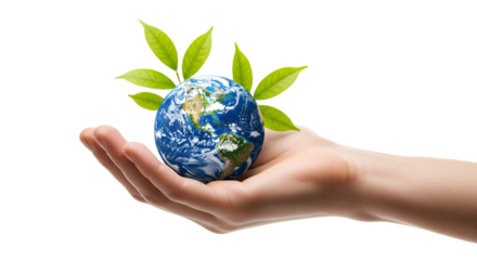 A hand tenderly cradles the Earth, symbolizing care for the planet, isolated on transparent background