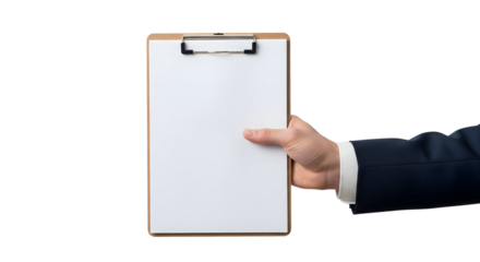 A hand holding a blank clipboard, ideal for showcasing information, isolated on transparent background