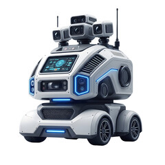 A modern and advanced surveillance robot with a futuristic design, featuring multiple cameras and a digital display, isolated on transparent background