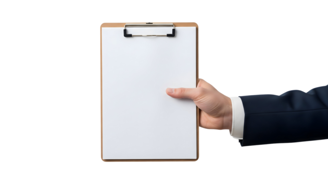 A hand holding a blank clipboard, ideal for showcasing information, isolated on transparent background