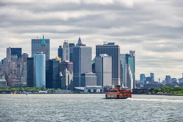 Panoramic view of the skyscrapers surrounding Battery Park in Lower Manhattan, New York City. 