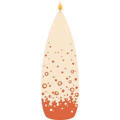 Illustration of a tall tapering candle with a flickering flame and small orange circular and square patterns against a transparent background