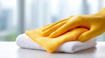 A hand in a yellow glove wipes a soft cloth on a clean surface. This image captures the essence of cleanliness and organization. Ideal for cleaning services and home care themes. AI