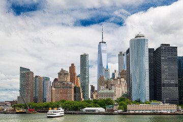 Panoramic view of the skyscrapers surrounding Battery Park in Lower Manhattan, New York City. 
