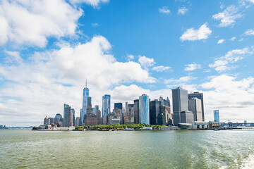 Panoramic view of the skyscrapers surrounding Battery Park in Lower Manhattan, New York City. 