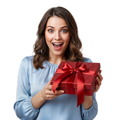 Excited young woman with dark hair holding an open red gift box with a happy and surprised expression, isolated transparent background.