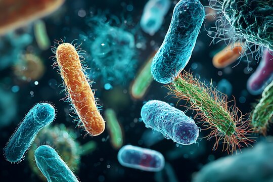 Close-up 3D visualization of diverse bacteria and microbes, symbolizing infection, disease, microbiology, health crisis, germ warfare, and cellular life.