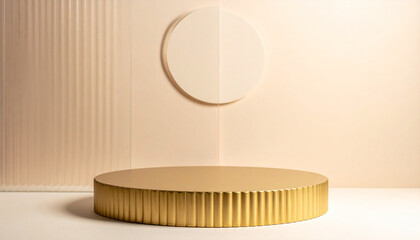 Close up of empty modern golden round table on reeded glass partition on cream colored wall for luxury, organic, beauty, cosmetic product display, minimal design with copy space