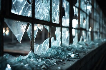 Shattered glass shards litter a broken industrial window, visually symbolizing urban decay, vandalism, and the escalation of crime central to the Broken Windows Theory.