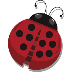 Illustration of a red ladybug with black spots and antennae on a transparent background showing its body and wings