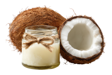 Coconut oil in a jar beside whole and halved coconuts