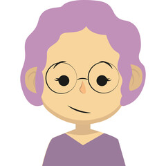 Illustration Of A Smiling Older Woman With Purple Hair And Glasses Wearing A Purple Top On A Transparent Background
