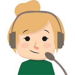 Illustration of a smiling woman with blonde hair in a bun wearing headphones and a green sweater with a microphone in front of her face on a transparent background