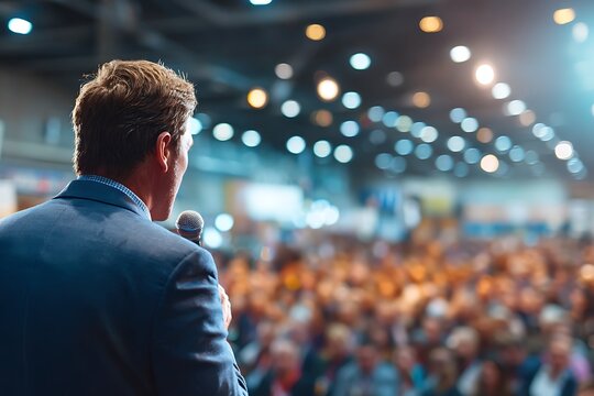 A male speaker, viewed from behind, addresses a large, blurred audience under bright, focused lights, symbolizing effective public communication, leadership, and conference address.
