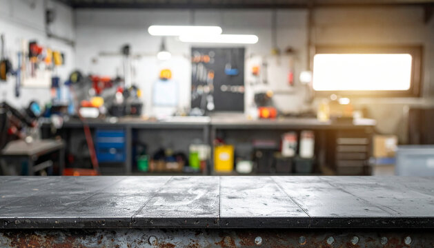 Blank rough metal workshop and desk table surface on blurred garage background with copy space, Empty space for your products and crafty idea in man cave studio