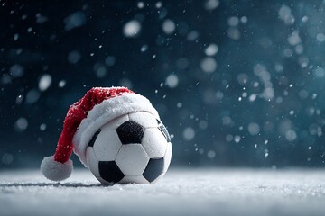 Christmas soccer ball with Santa hat in snowy, dark winter setting, symbolizing holiday sports spirit, winter tournaments, and festive football.
