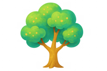 Cartoon fruit tree illustration with green leaves and yellow fruits on transparent background