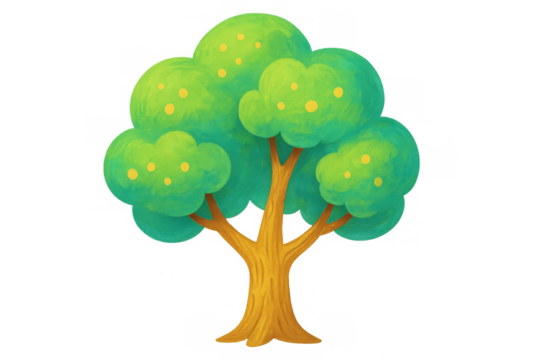 Cartoon fruit tree illustration with green leaves and yellow fruits on transparent background