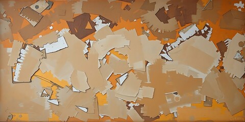 A powerful, textured abstract background composed of layered, torn shapes in earthy brown, tan, orange, and white, resembling a collage or debris.