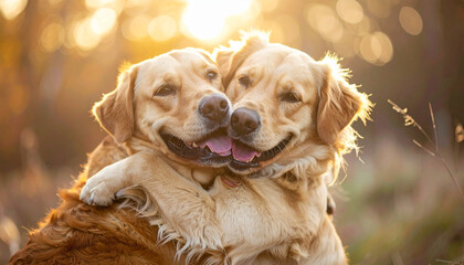 Two happy dogs hugging each other, representing the concept of best friends and showing joy and affection
