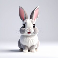 Obraz premium An adorable fluffy grey and white rabbit with large pink ears sits front-facing on a clean, light background, looking directly at the viewer.