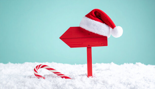 Wooden red sign on a stick with a Santa hat on top standing in snow on light blue green background with a candy cane pole. Christmas theme signboard decoration. Cheerful festive signpost banner - Powered by Adobe
