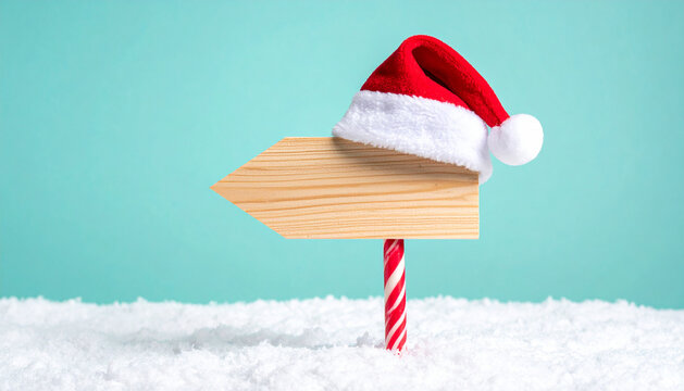 Wooden red sign on a stick with a Santa hat on top standing in snow on light blue green background with a candy cane pole. Christmas theme signboard decoration. Cheerful festive signpost banner