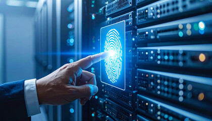 Man's finger touches a glowing fingerprint scan on server rack for cybersecurity and identification, focusing on digital access authentication
