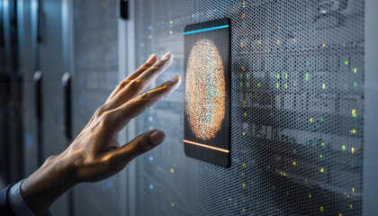 A person's finger touches a luminous fingerprint scanner on the server rack for cybersecurity and identification purposes, focusing on digital access authentication.
