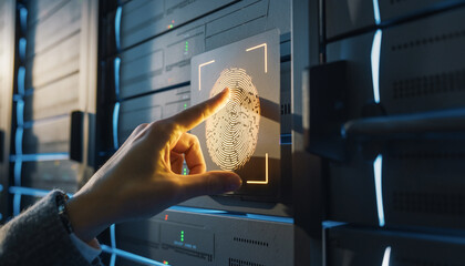 A person's finger touches a luminous fingerprint scanner on the server rack for cybersecurity and identification purposes, focusing on digital access authentication.