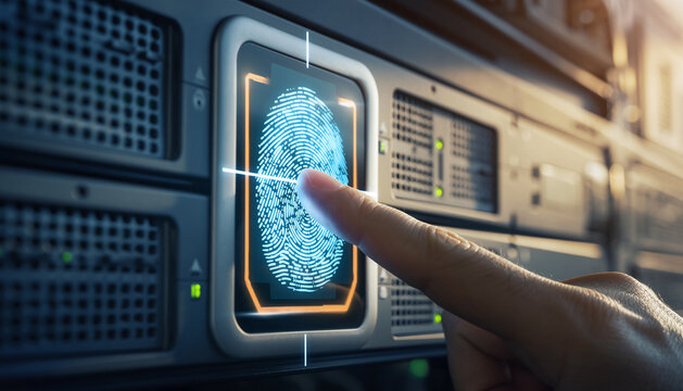 Man's finger touches a glowing fingerprint scan on server rack for cybersecurity and identification, focusing on digital access authentication
