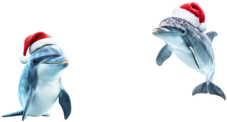 full body of pair of super cute dophines in santa claus hats smiling friendly; realistic christmas underwater animal characters isolated over white  (transparent)
