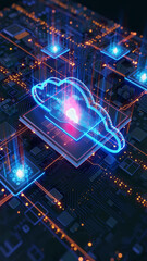 Futuristic glowing cloud symbol over digital circuit board background representing cloud computing technology
