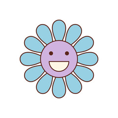 Groovy retro flower smile in funky cartoon sticker style, happy blue color and cute y2k vibe. Groovy element for playful, positive pop themes, stylish as cheerful youth art accent.