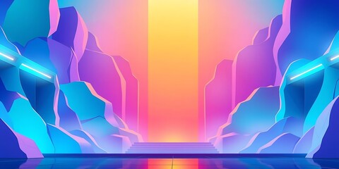 A powerful, vibrant, futuristic landscape with jagged, glowing purple and blue synthwave-style rock formations leading to a bright orange light source.