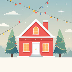 Fototapeta premium Suburban house exterior decorated with colorful string lights and ornaments for the christmas winter seasonal holiday