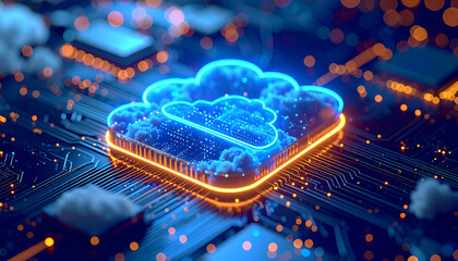 Futuristic glowing cloud symbol over digital circuit board background representing cloud computing technology
