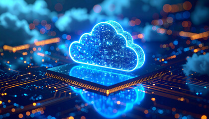 Futuristic glowing cloud symbol over digital circuit board background representing cloud computing technology
