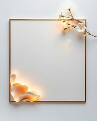 A powerful, luxurious golden square frame with white copy space, accented by glowing, luminous peach petals and delicate white cherry blossoms.