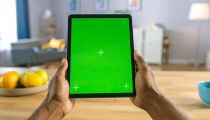 Young person holding a digital tablet with green screen in a dining room. Computer Mockup. Person using digital tablet green background display. Chroma key device. Closeup. Personal view. POV