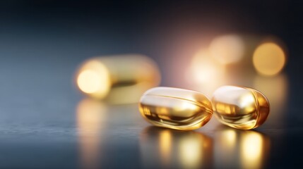 Close-up of golden capsules in soft lighting. This image captures the elegance of health products. It highlights the beauty and clarity of dietary supplements. Perfect for wellness themes. AI