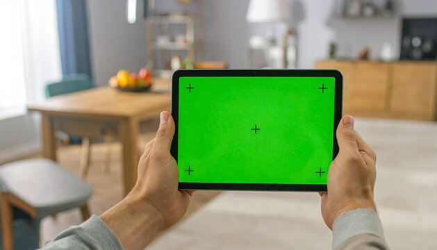 Young person holding a digital tablet with green screen in a dining room. Computer Mockup. Person using digital tablet green background display. Chroma key device. Closeup. Personal view. POV