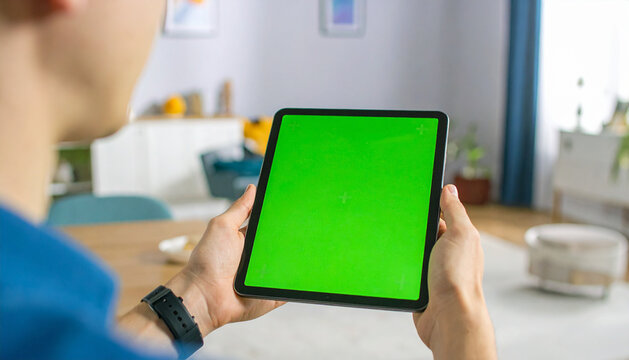 Young person holding a digital tablet with green screen in a dining room. Computer Mockup. Person using digital tablet green background display. Chroma key device. Closeup. Personal view. POV