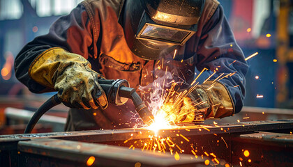 A welder in a workshop, using protective gear, creating sparks and light while working with metal.
