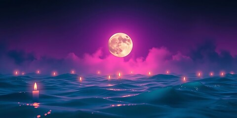 A powerful, mystical night scene: ocean waves with floating candles under a glowing pink full moon and purple-pink sky and clouds.