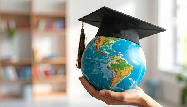 Hand holding a globe with graduation cap, concept of knowledge, learning and graduation.
