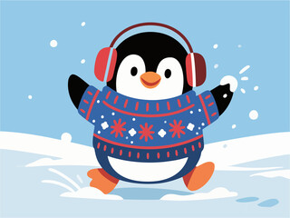 Cute Penguin in Ugly Christmas Sweater Playing with Snowball