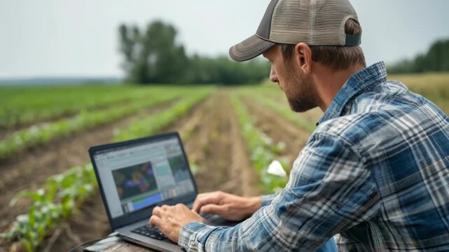 Medium shot of an agronomist reviewing live digital data and annotated plant images on a laptop to provide immediate feedback during a remote inspection.