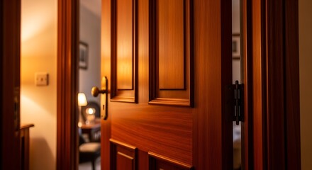 Ornate wooden door ajar revealing a softly lit interior room