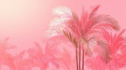 Lush palm trees rise against a dreamy pink sky as the sun sets in a tropical oasis.